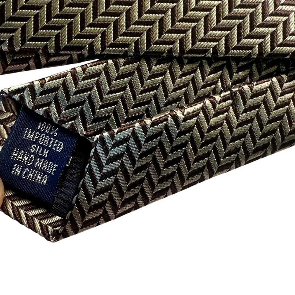 Paul Fredrick Mens Silk Tie Herringbone Pattern‎ Gold Brown Formal NWT